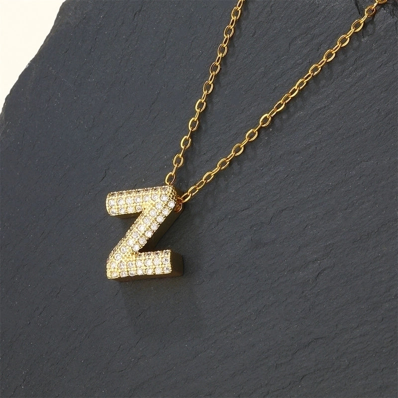 Copper 18K Gold Plated Casual Minimalist Inlay Letter Zircon Pendant Necklace