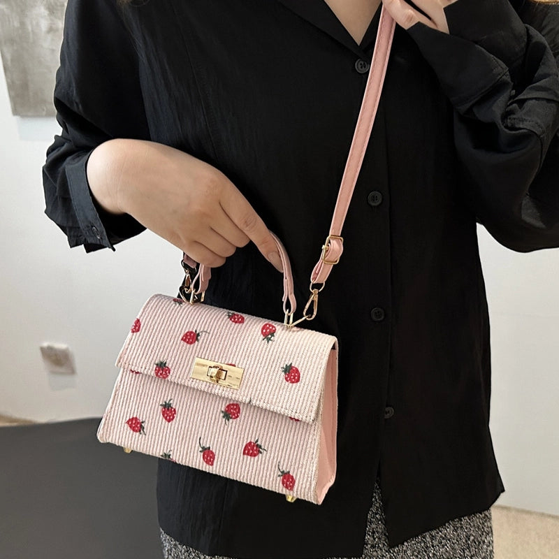 Women's Corduroy Strawberry Leopard Streetwear Square Flip Cover Handbag Crossbody Bag