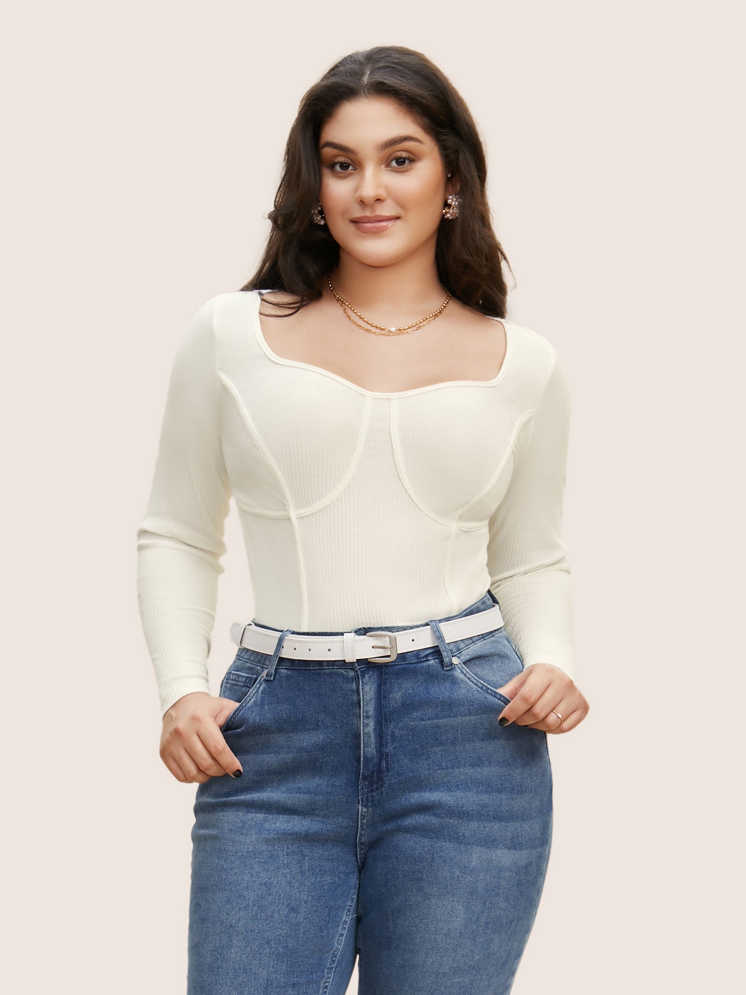 Cotton Asymmetrical Neck  Tucked Seam Knit T-shirt