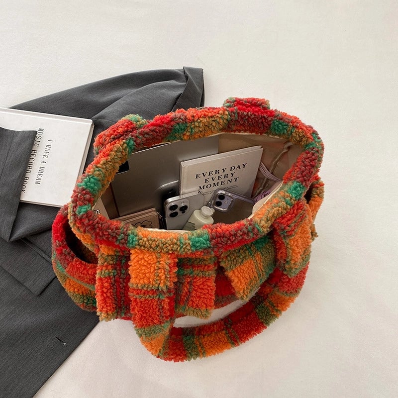 Women's Plush Lattice Streetwear Square Zipper Shoulder Bag