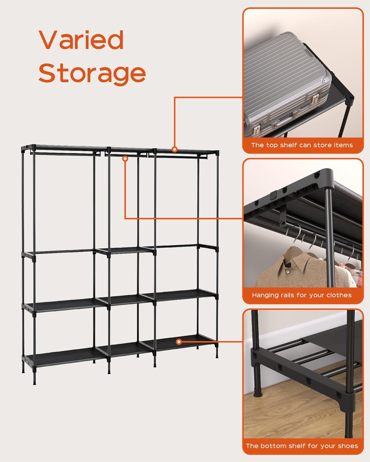 Clothes Rack, Portable Closet, 54.3 Inch Large Capacity Wardrobe Closet, Clothes Storage Organizer with Shelves and 3 Hanging Rods, Easy to Assembly, Black PCT022B01