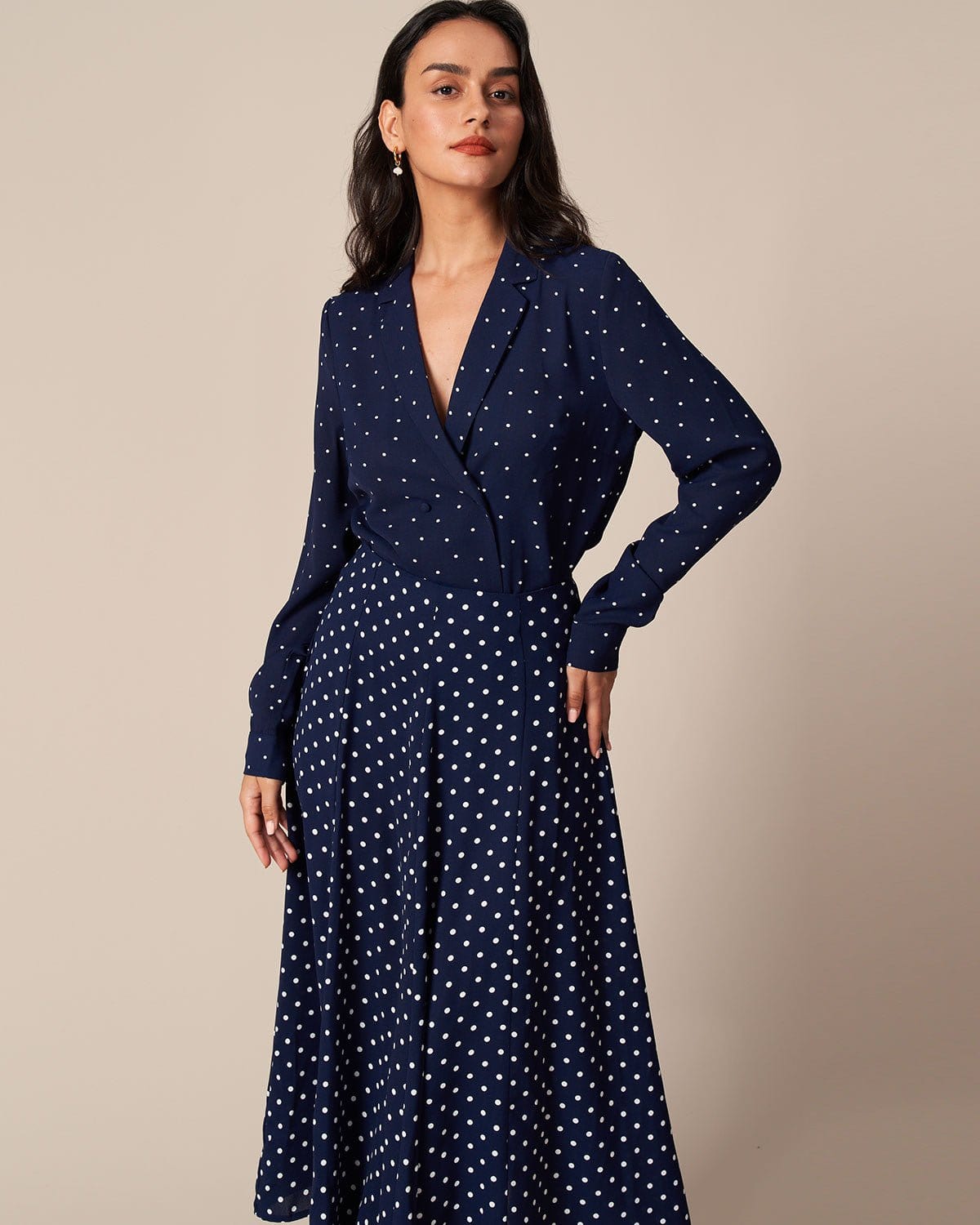 The Navy V Neck Polka Dot Button Up Shirt