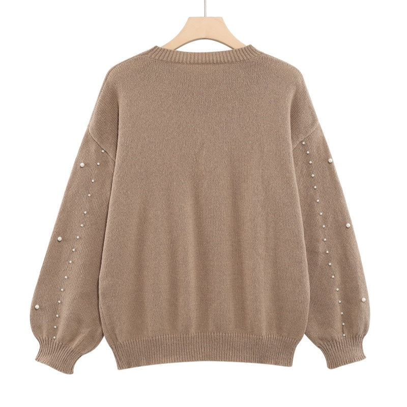 🍃Women's Faux Pearls Round Neck Pullover Sweater