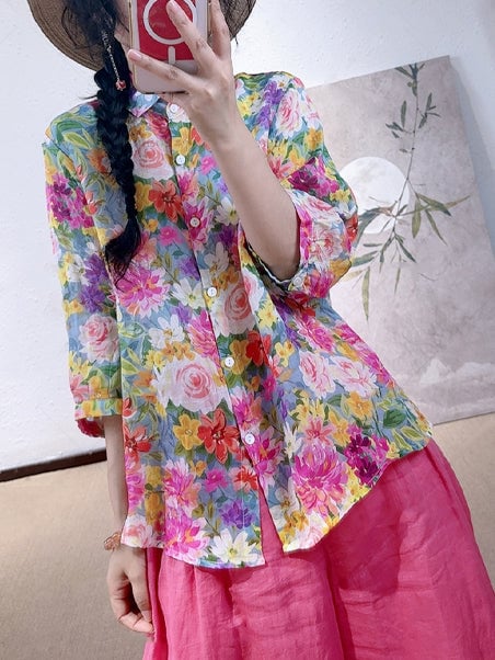 Women Summer Artsy Flower Turn-down Collar 100%Linen Shirt