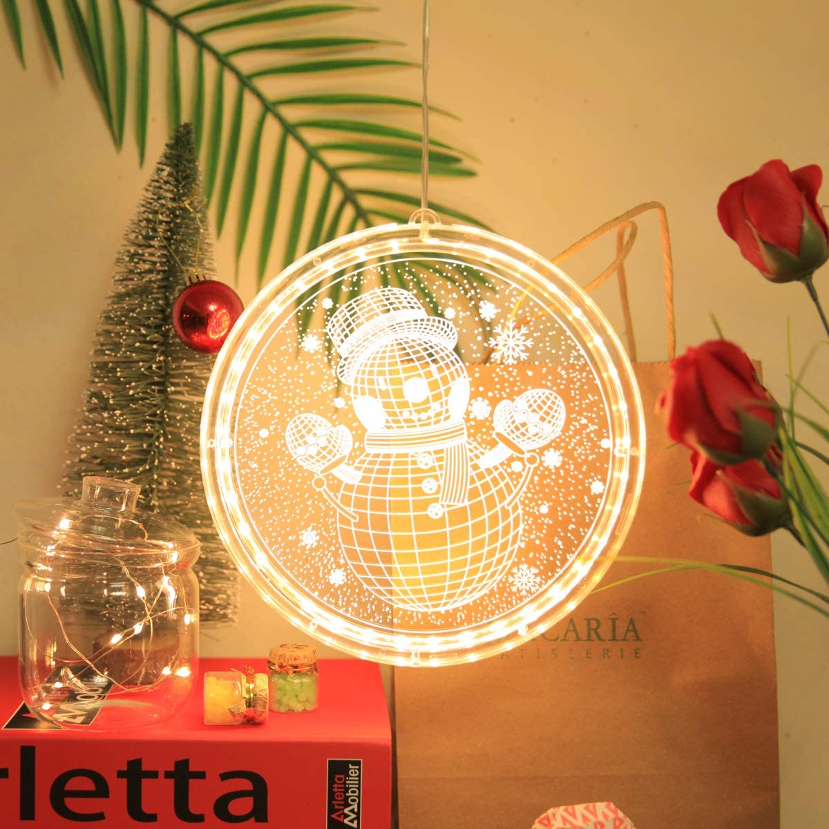 Christmas Decorative Novelty Hanging 3D Lights with Suction Cup for Indoor Windows Pathway Patio Bedroom Warm White