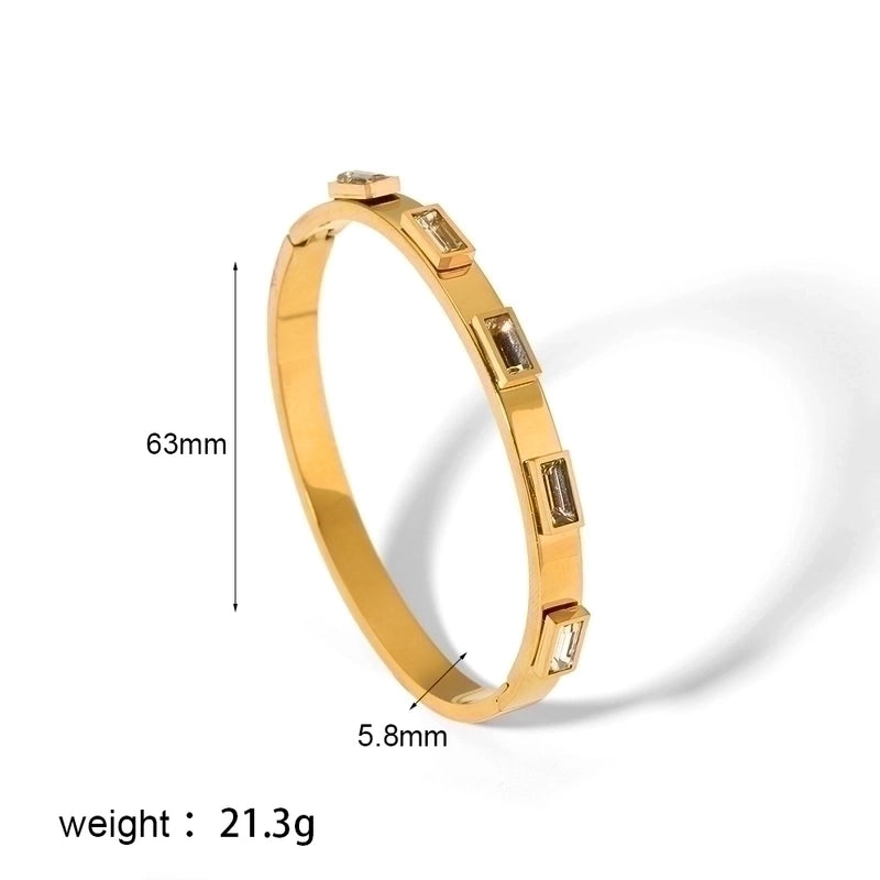 Minimalist Rectangle Stainless Steel Polishing Plating Inlay Zircon 18k Gold Plated Bangle