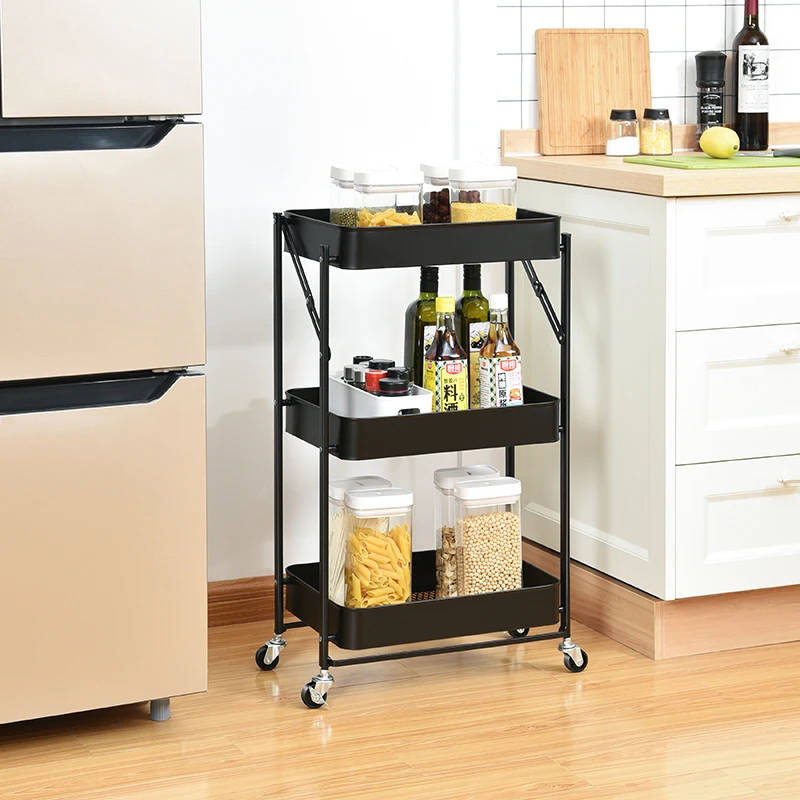 Price 3 Tier Folding Organizer Utility Trolley Collapsible Foldable Storage Cart For Kitchen Bathroom