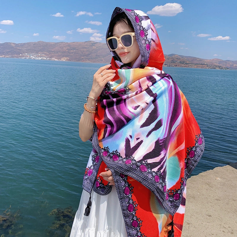 Silk Scarf Women's Summer Seaside Beach Sunscreen Shawl Scarf Dual-use  Long Ethnic Style Plus Size Travel Silk Scarf