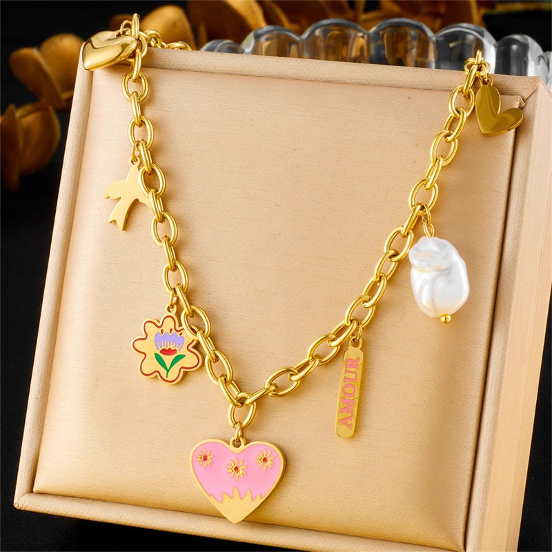 Fashion Cartoon Cute Painted Oil Drop Love Flower Bird Pearl Pendant Chain Stainless Steel Necklace