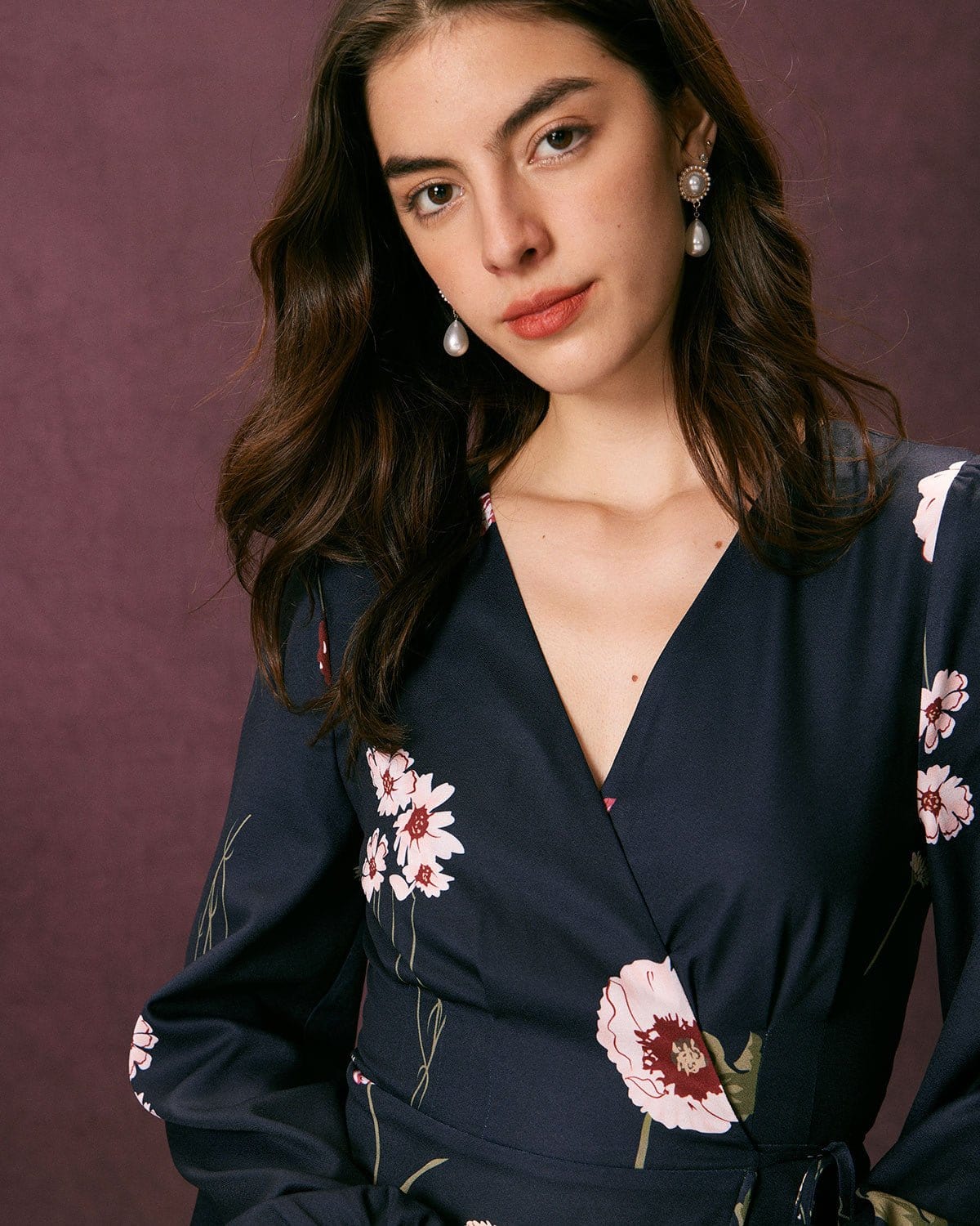 The Navy V Neck Floral Tie Wrap Mini Dress