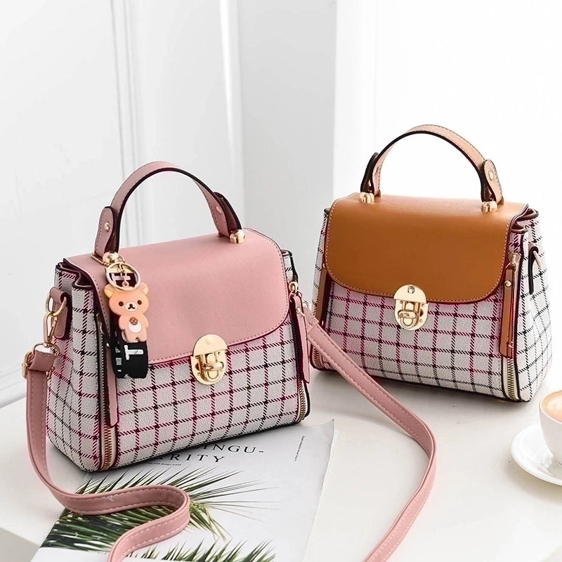 Women's Medium Pu Leather Plaid Cute Ornament Square Flip Cover Crossbody Bag