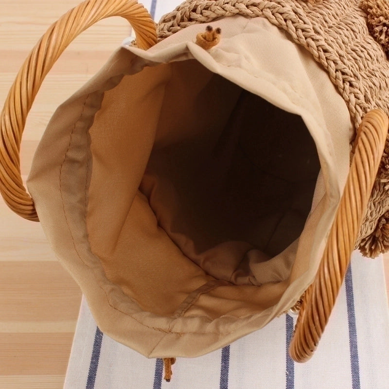 New Hand-carried Hand-woven Flower Pearl Bucket Straw Woven Bag 19*14*12cm