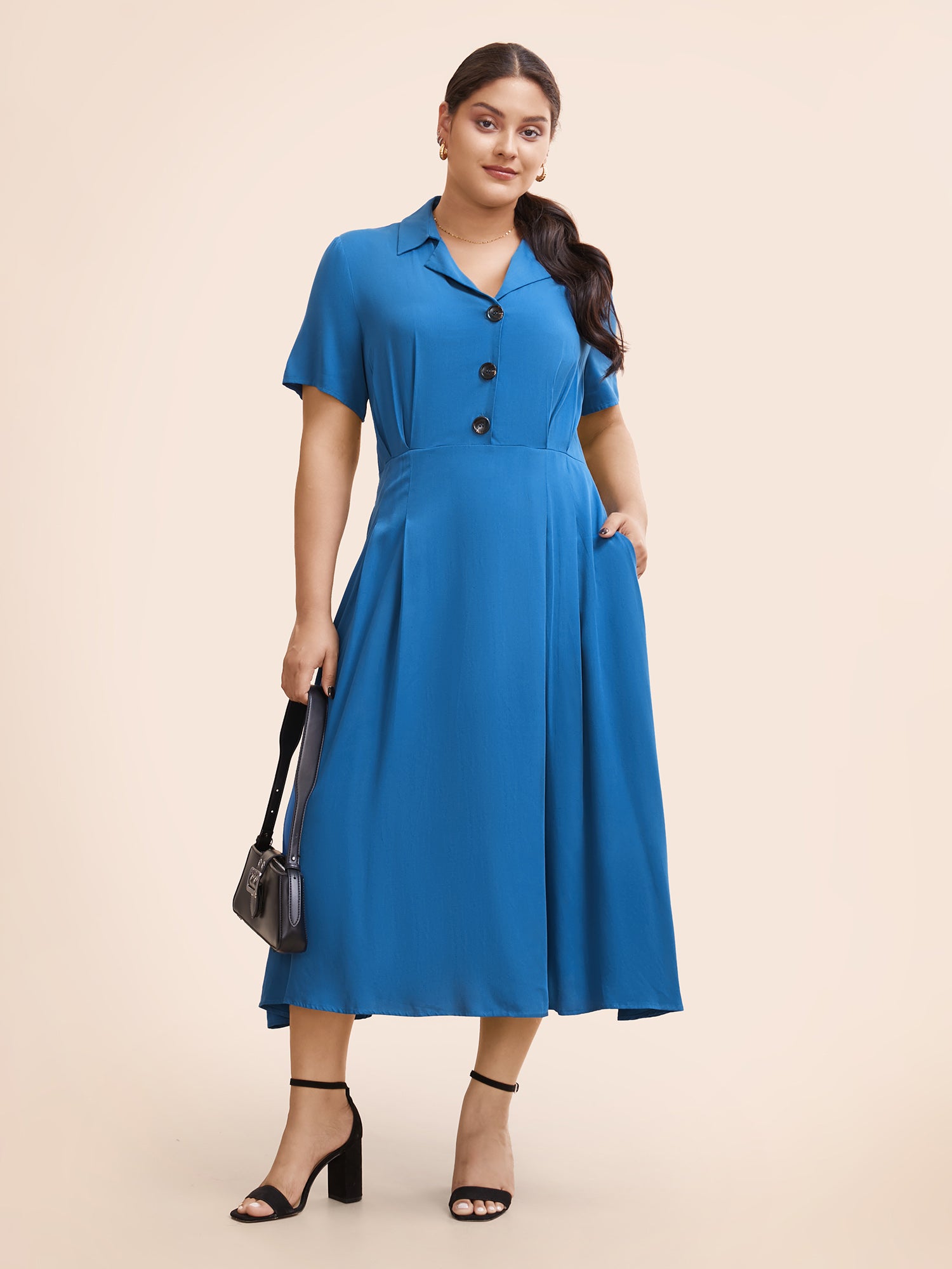 Plain Shirt Collar Pleated Midi Dress