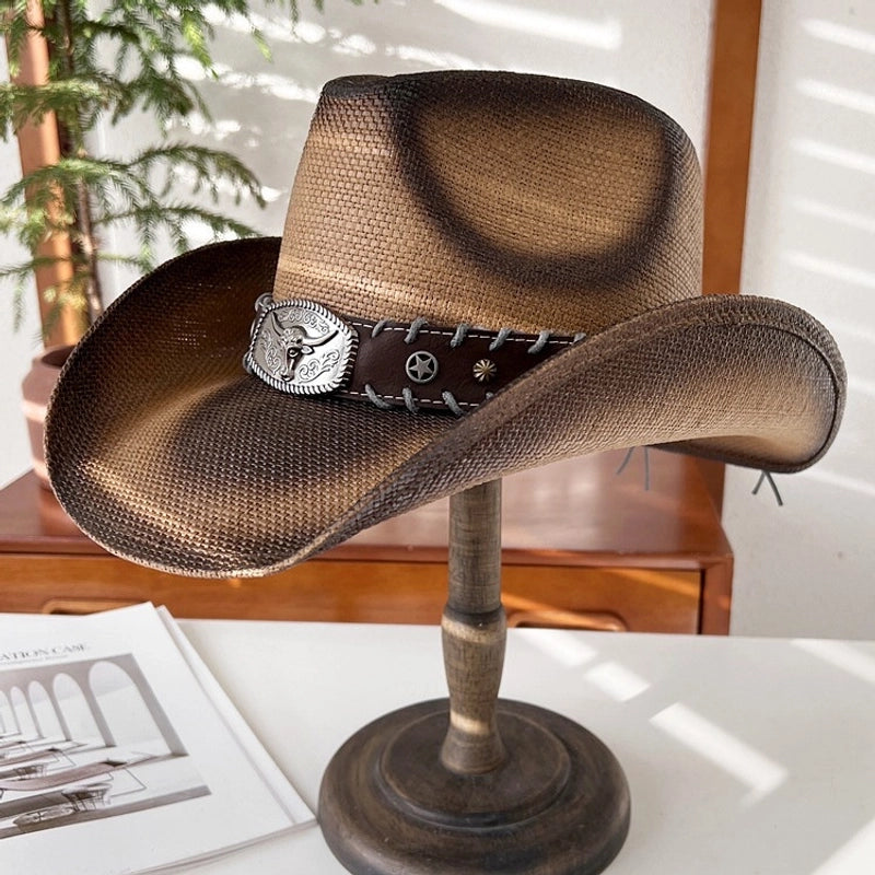 Fashion Personality Knight Hat Women's Summer Outdoor Sun Hat Western Denim Sun Protection Straw Hat Men's Fashion Punk Hat