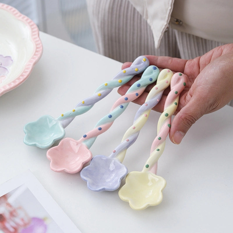 Ceramic Long Handle Spoon Household Spoon High-looking Cute Style Mixing Spoon Coffee Spoon Girl Heart Spoon