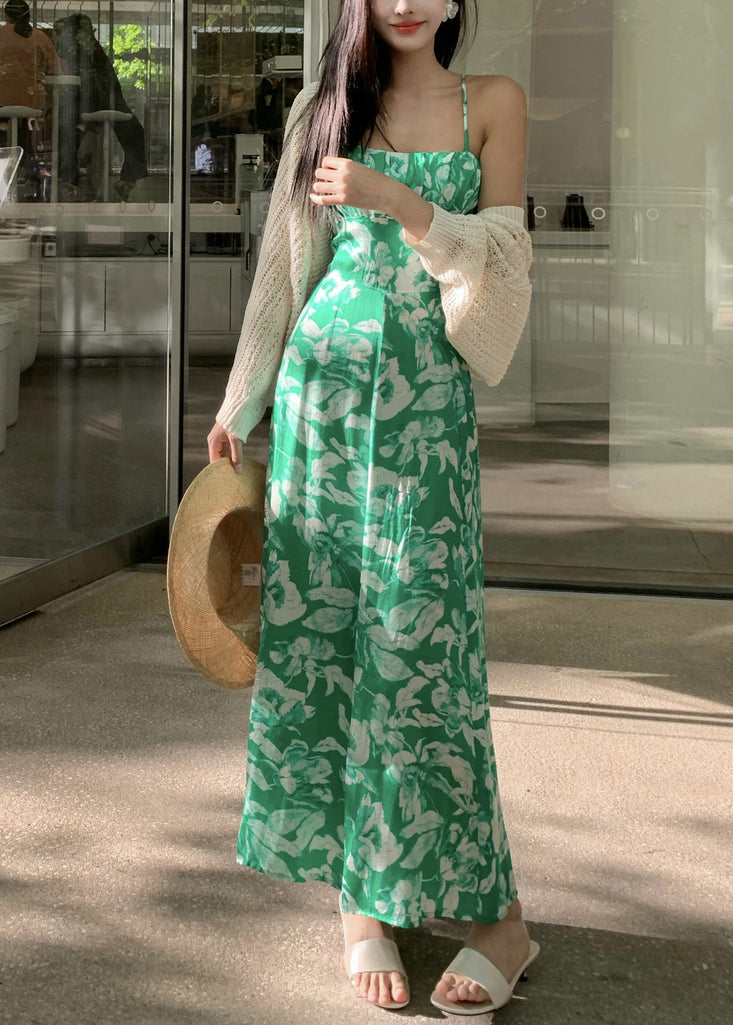 Slim Fit Green Print High Waist Cotton Spaghetti Strap Dress Summer