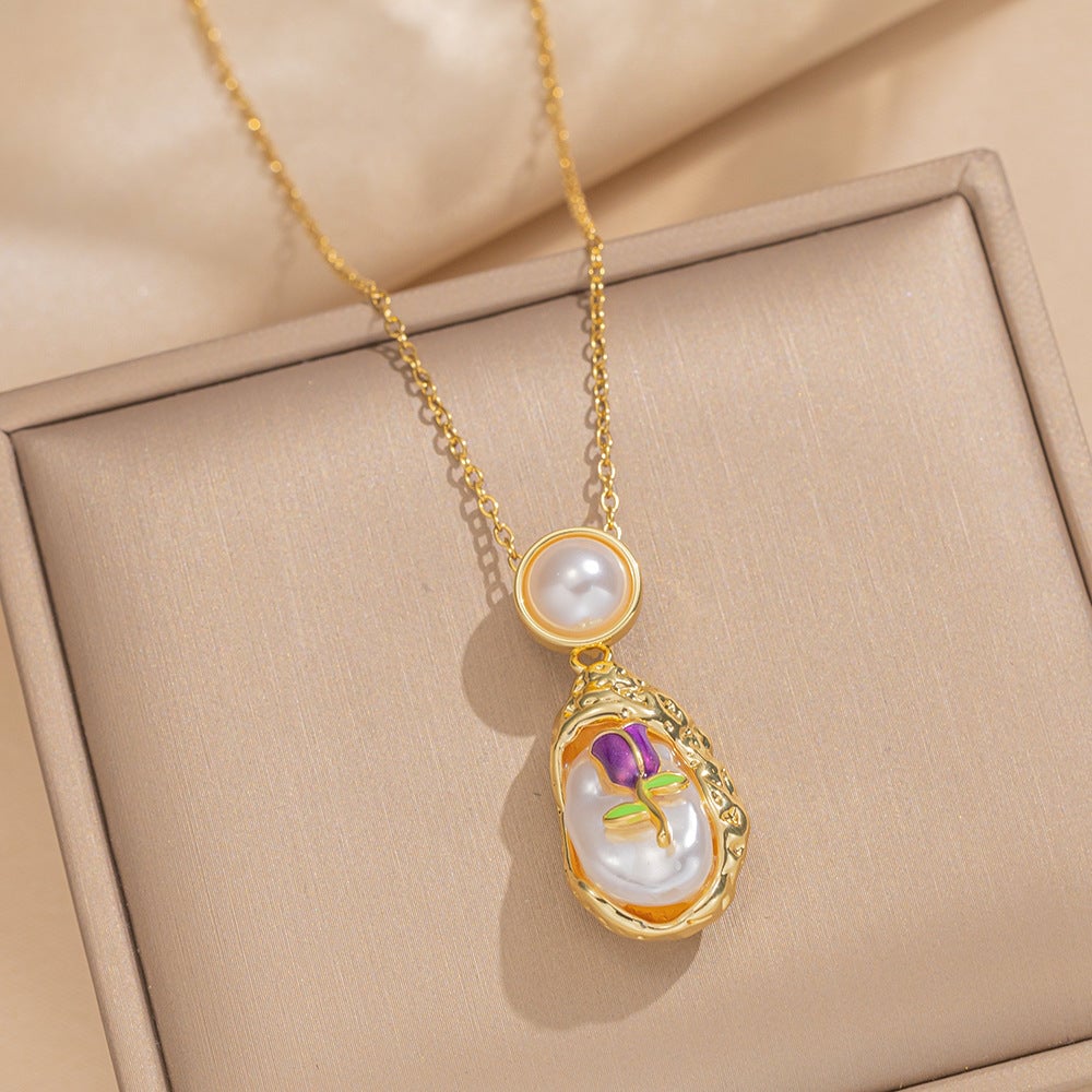 Retro Oil Drop Baroque Freshwater Pearl Enamel High-Grade Painted Flower Pendant Necklace