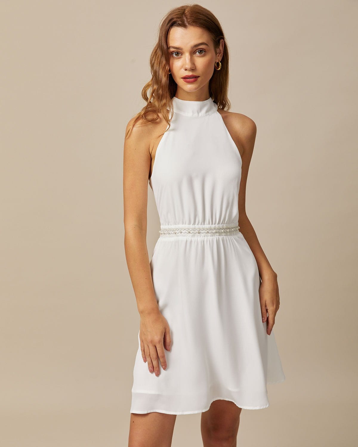 The White Mock Neck Pearls Backless Mini Dress