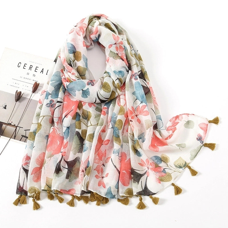 Women'S Sweet Flower Cotton And Linen Tassel Scarf