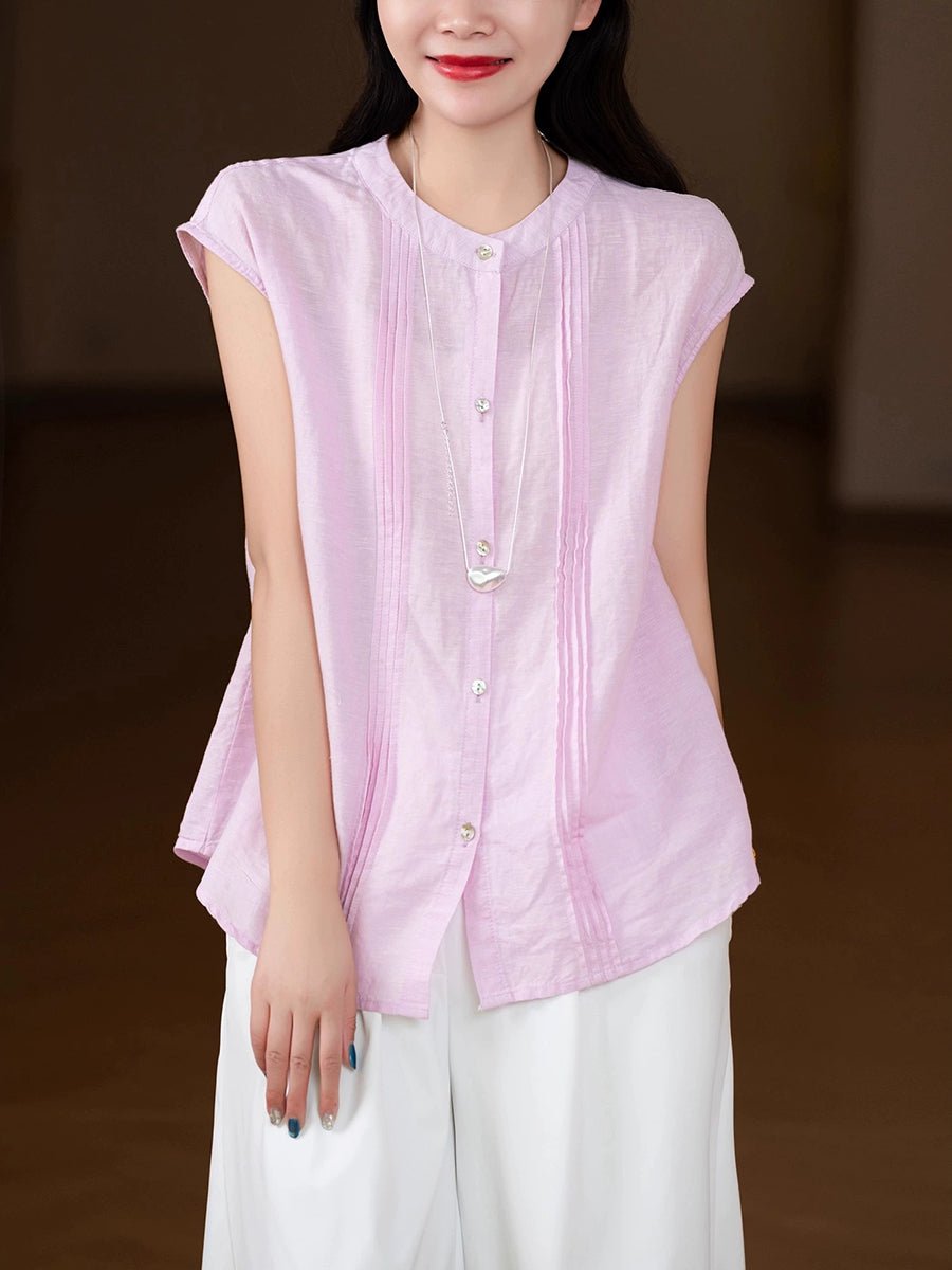 Women Summer Pure Color Shirred Linen Cotton O-Neck Shirt