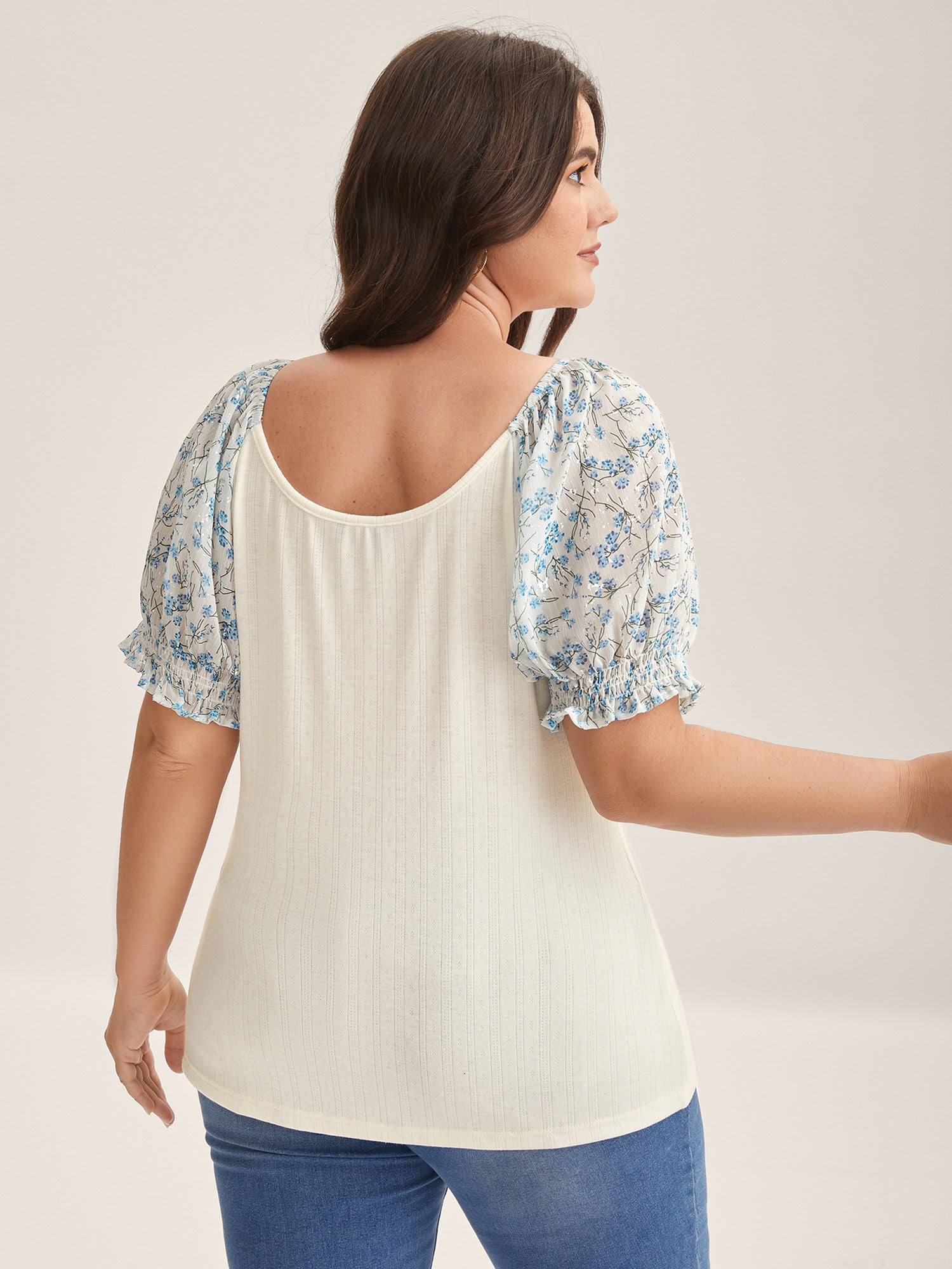 Floral Puff Sleeve Textured T-Shirt