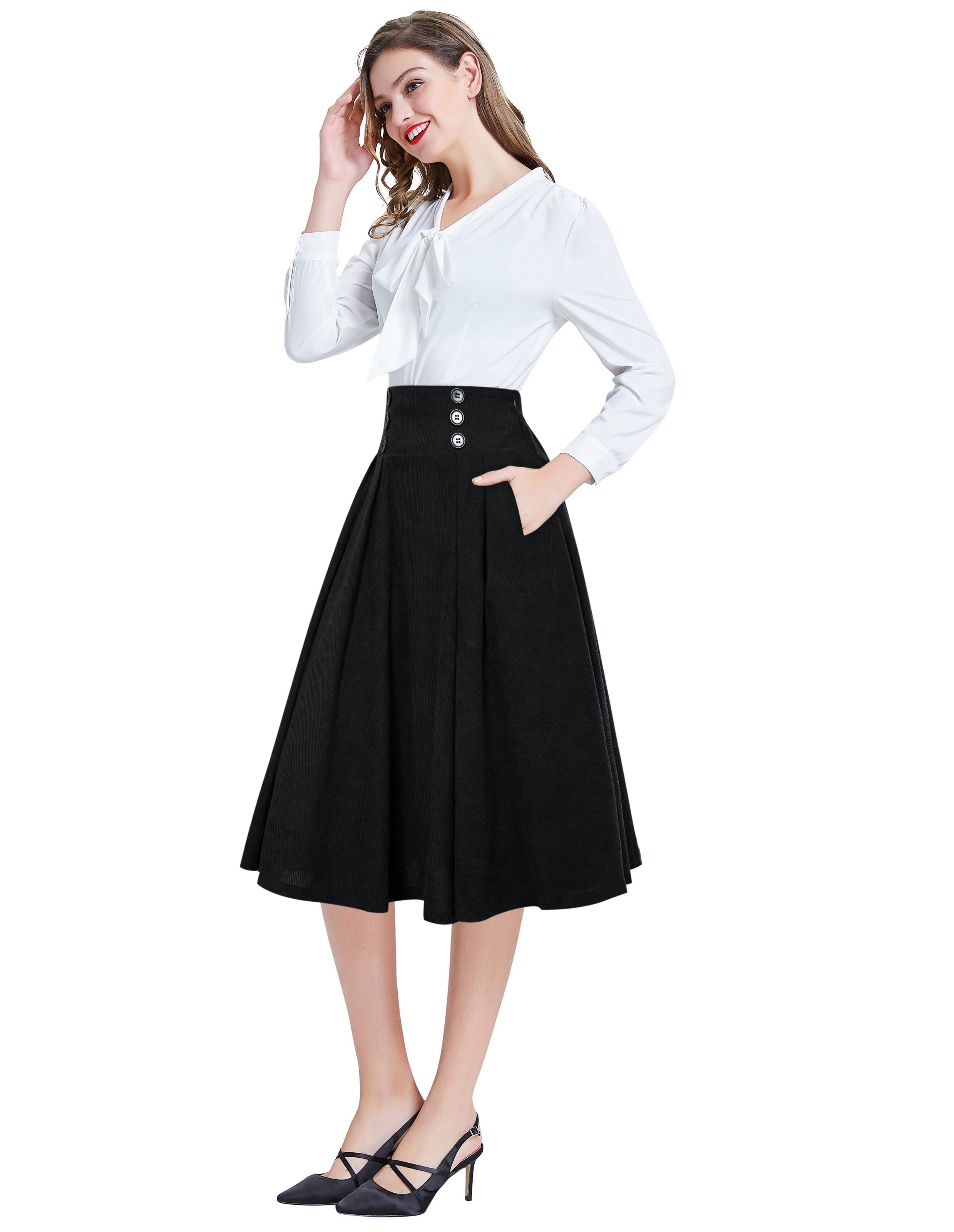 Vintage Corduroy Skirt Elastic High Waist Buttons Decorated Swing Skirt with Pockets