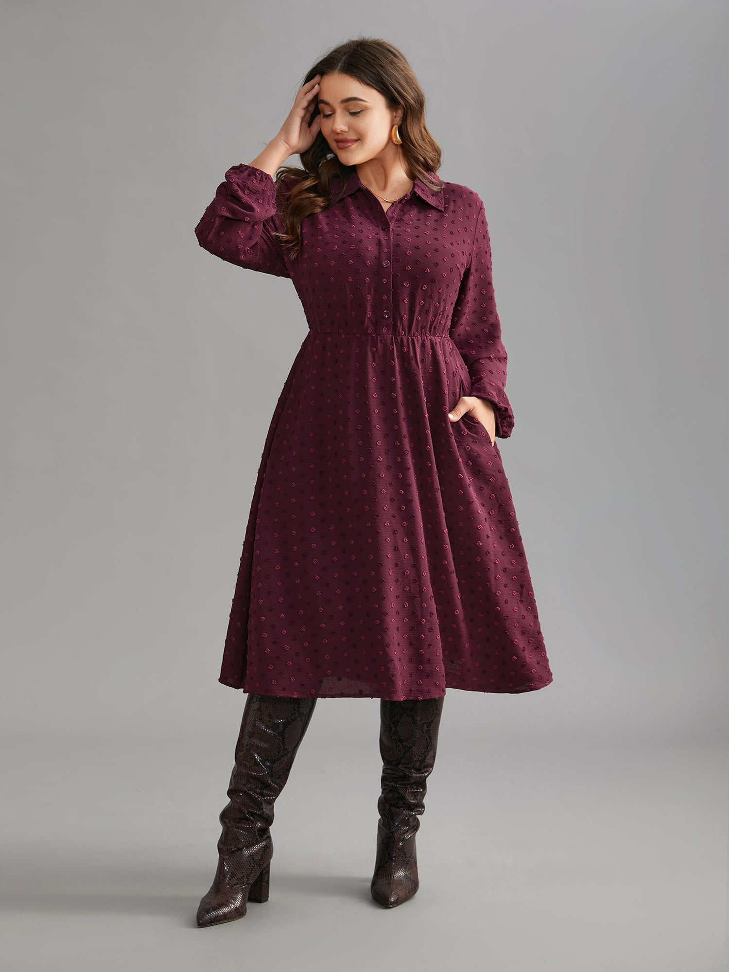 Textured Shirt Collar Button Front Midi Dress