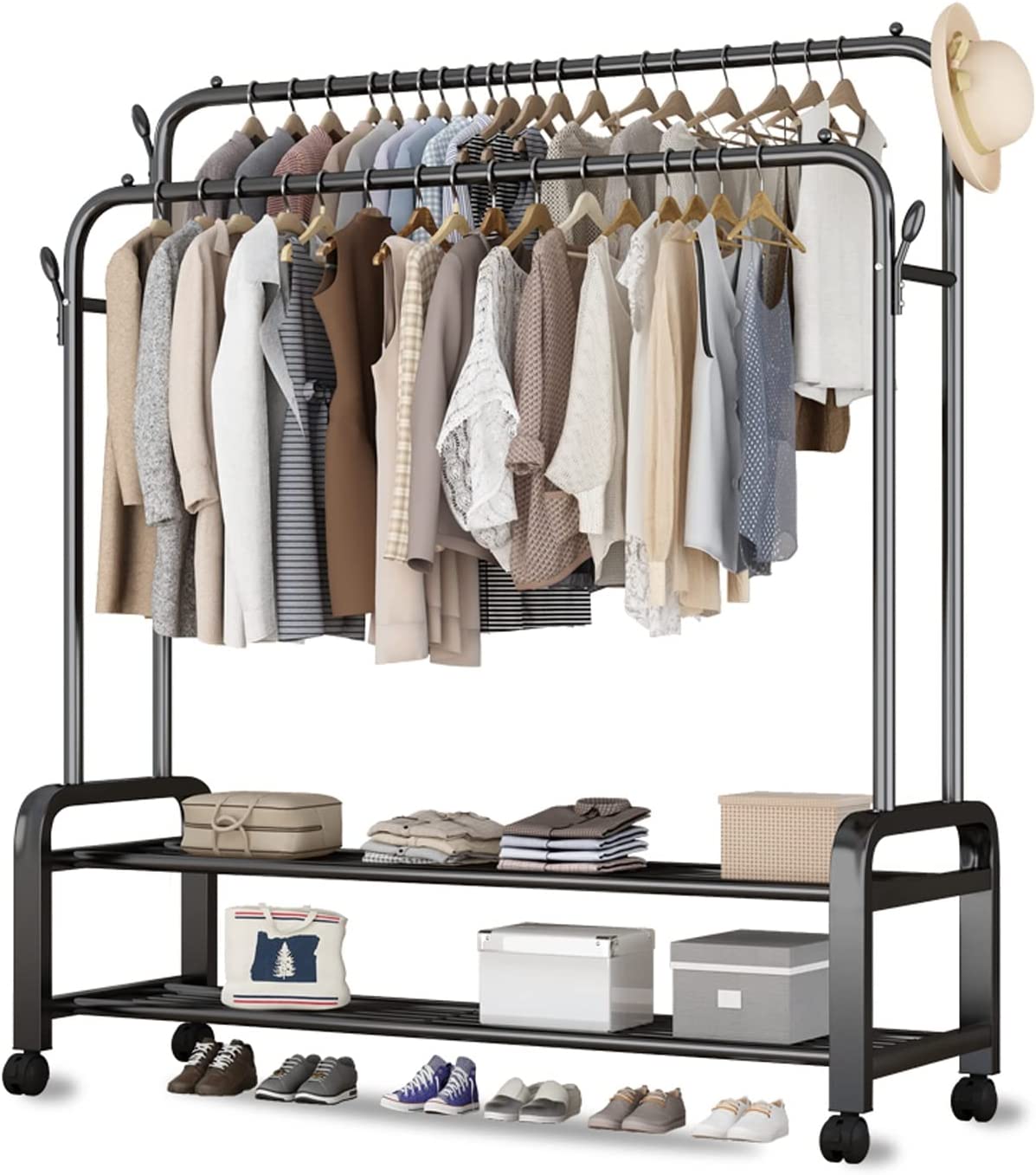 Clothes Rack With Shoe Shelf. Coat Display Stand With 4 Wheels For Bedroom (Color: Black)