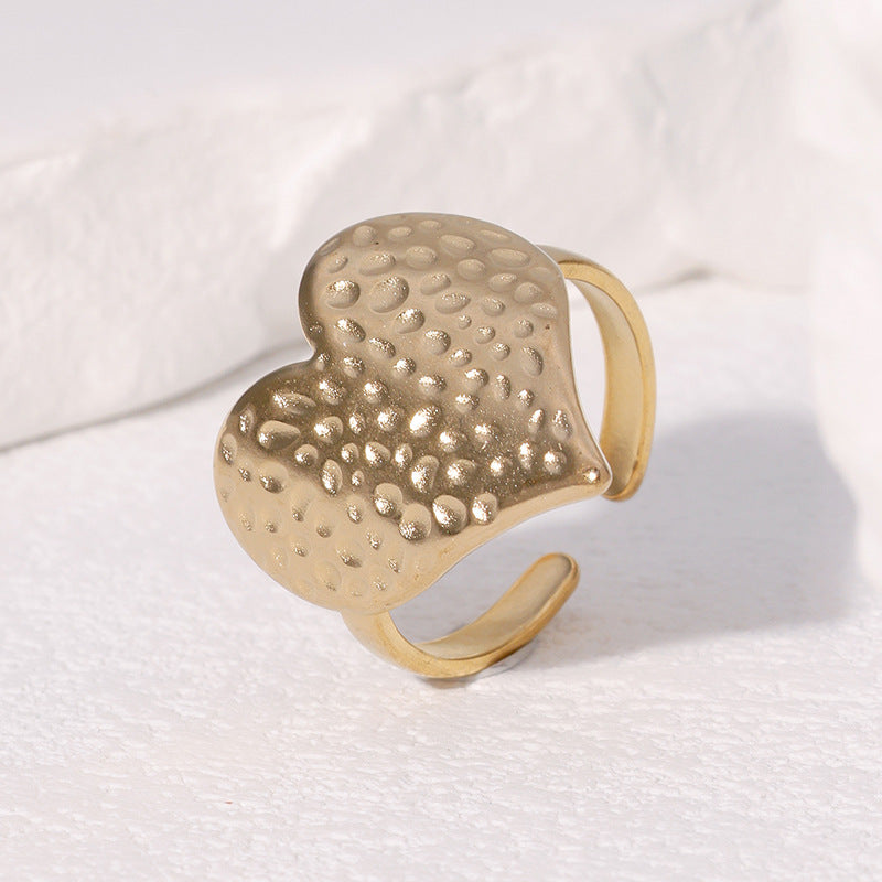 Fashion Hammer Pattern Heart-Shaped Index Finger Ring Personality Niche Cute Sweet Simple Stainless Steel Ring