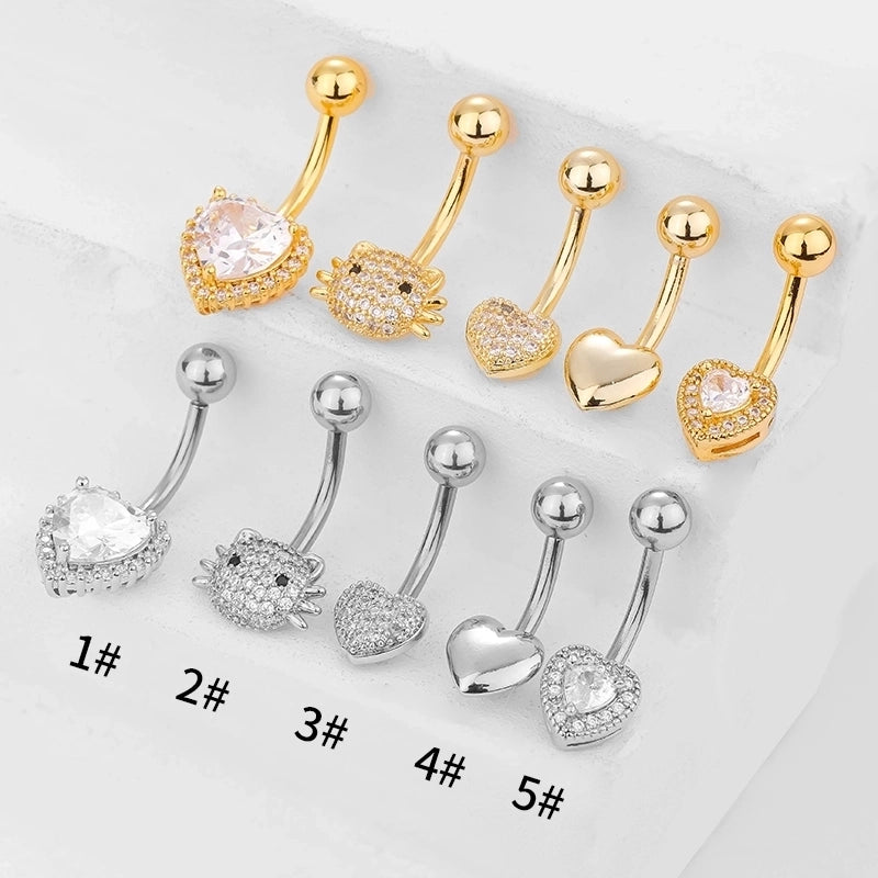 1 Piece Belly Rings Minimalist Classic Style Heart Shape Cat 316L Stainless Steel  Plating Inlay Zircon 14K Gold Plated Belly Rings