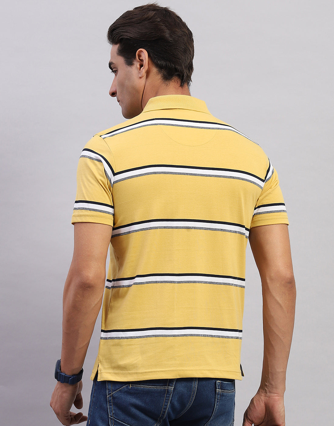 Men Yellow Stripe Polo Collar Half Sleeve T-Shirt