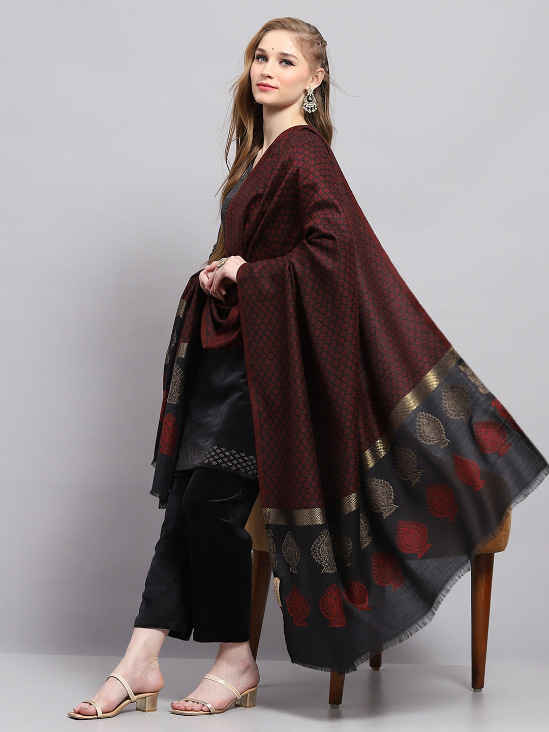 Women Maroon Self Design Shawl