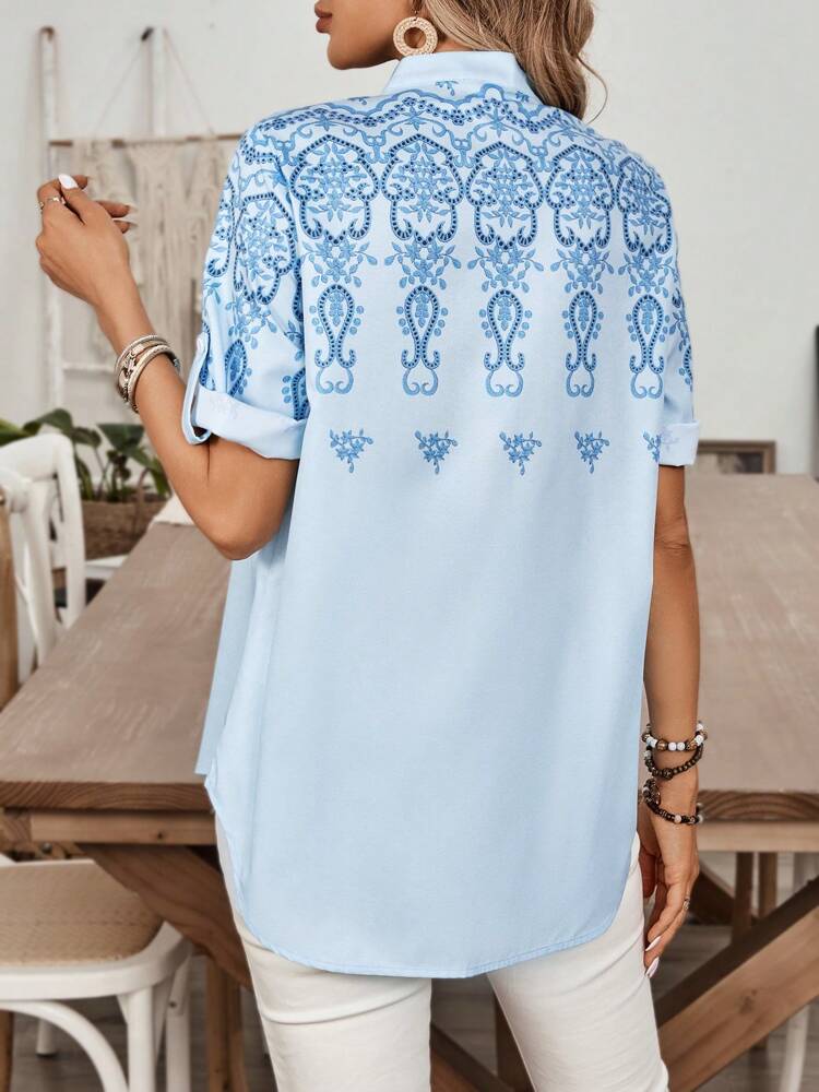 Ladies' Blue Abstract Pattern Summer Top Shirt