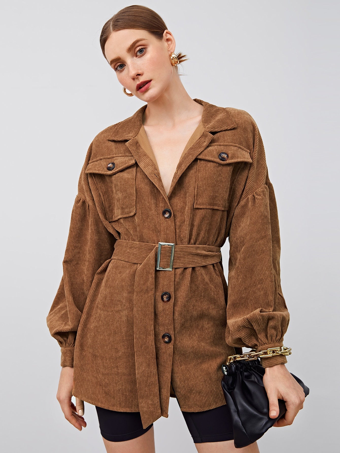 Collared Flap Pocket Front Buckle Belted Cord Coat without belt( CLEARANCE SALE