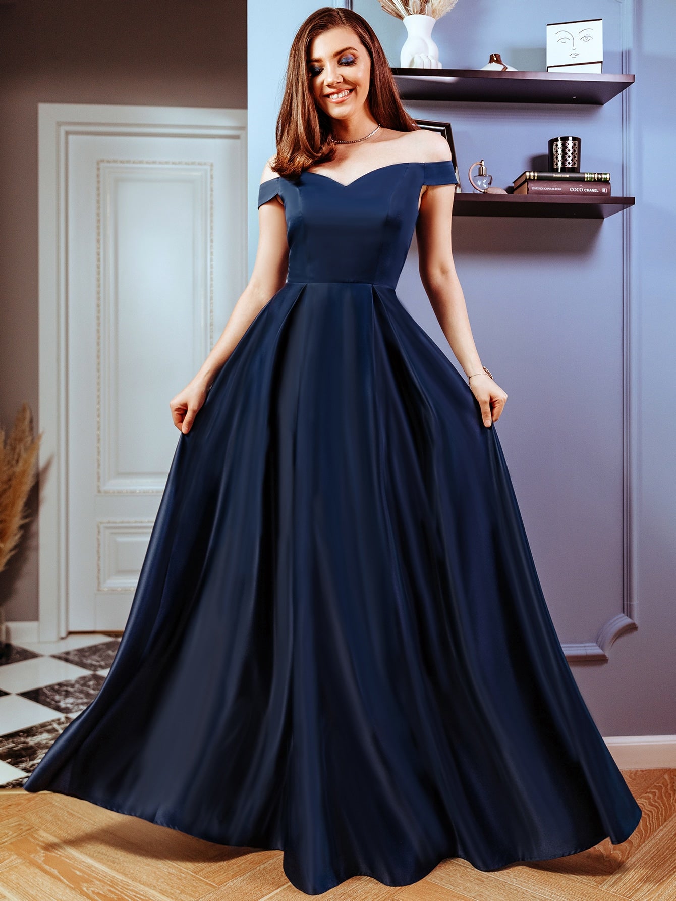 Parien Off Shoulder Boxy Pleated Silk Prom Dress( Clearance sale