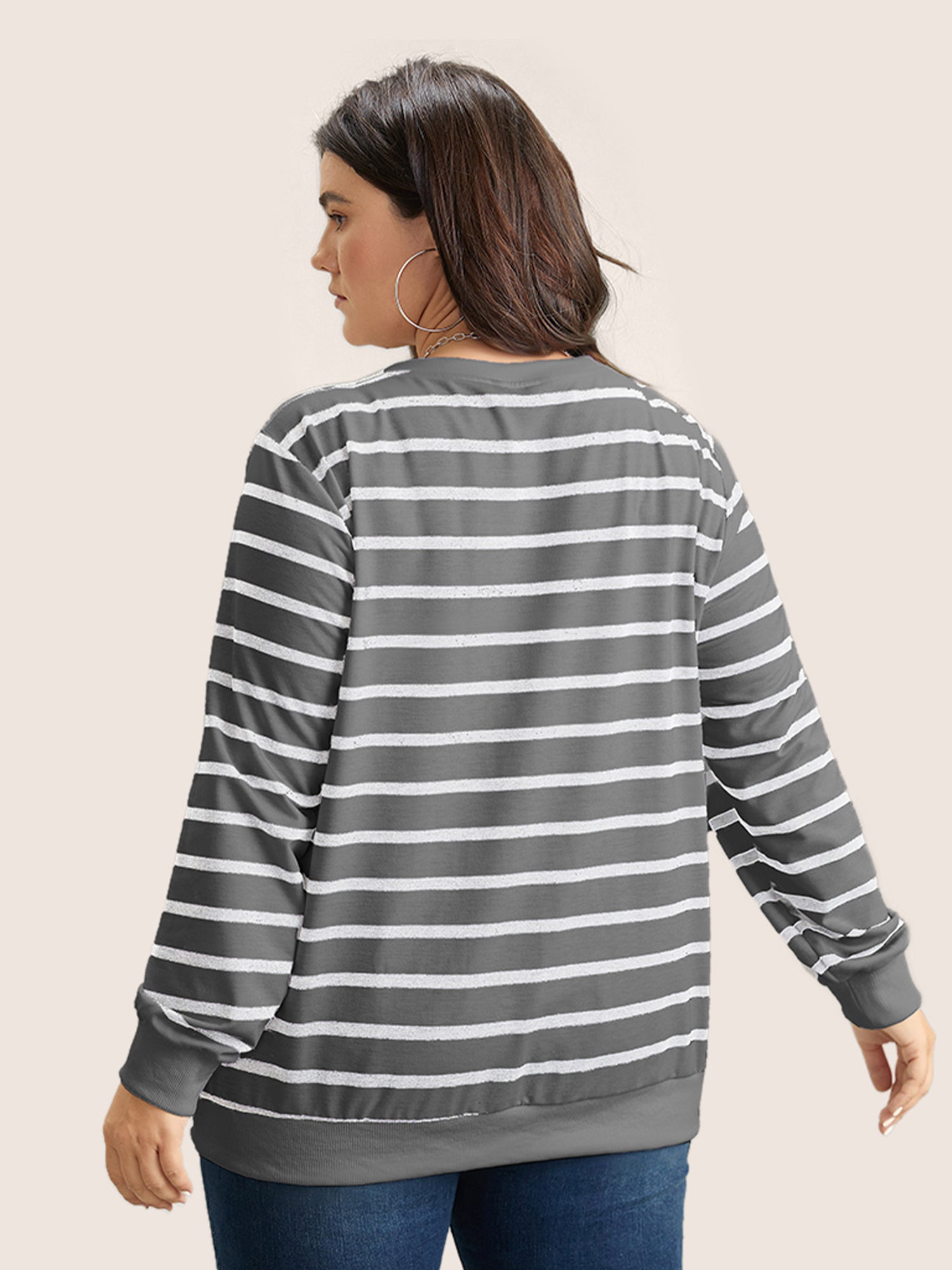 Rib Knit Striped Round Neck Sweatshirt