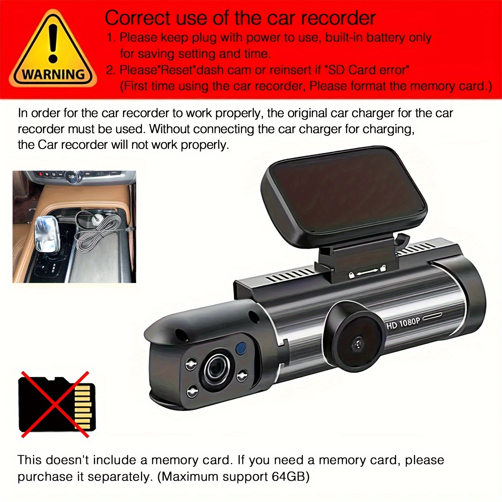 Dual Dash Camera with Night Vision, G-Sensor, Loop Recording, and Wide Angle Lens - 1080P Full HD Car DVR for Front and Interior Monitoring