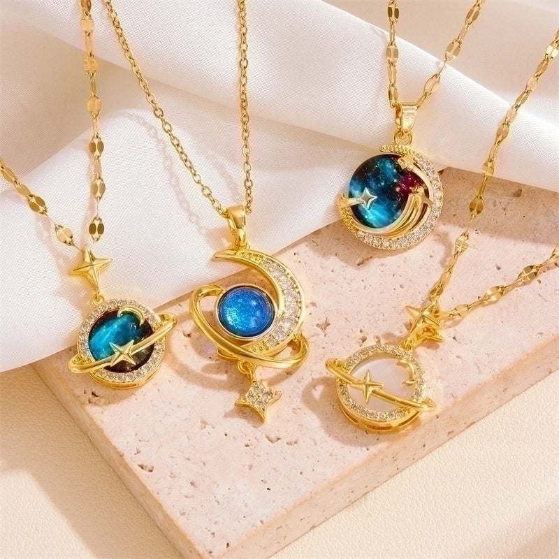 Titanium Steel 18K Gold Plated Vintage Style Plating Moon Acrylic Rhinestones Pendant Necklace