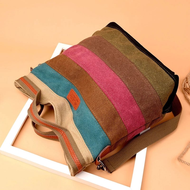 Women's Large Canvas Stripe Fashion Square Zipper Crossbody Bag