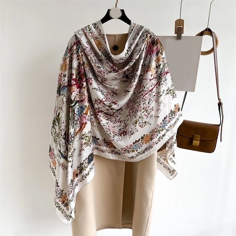 Elegant Small Floral Large Size Shawl High-grade Printed Silk Scarf Imitation Silk Scarf New Long Scarf Thin Li Brocade Satin