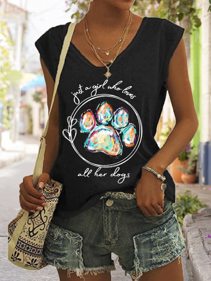 Women's Paws Just A Girl Who Loves All Her Dogs Print Sleeveless T-Shirt