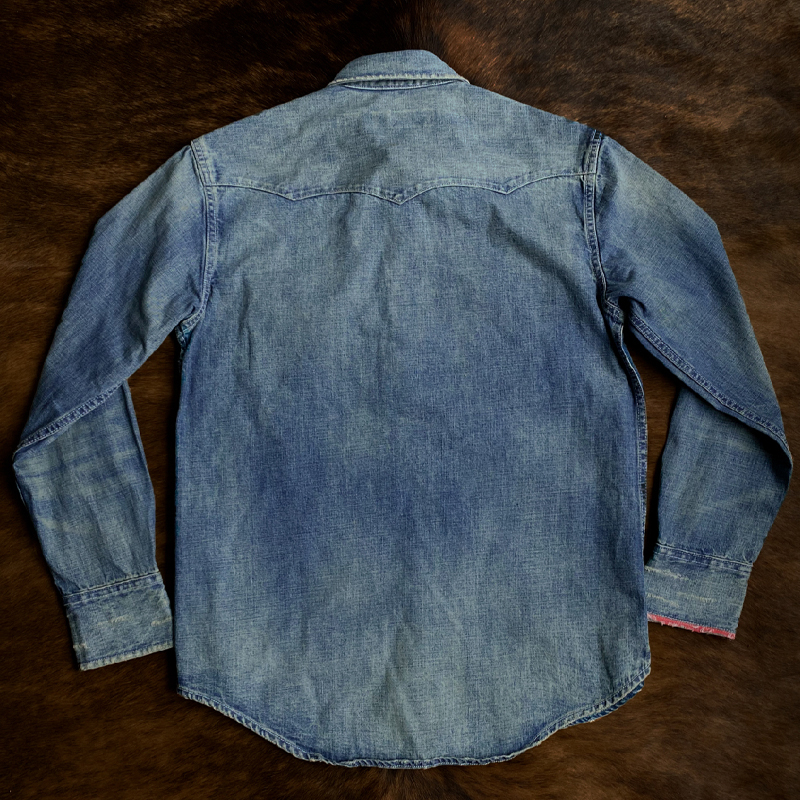 American Western Denim Stitching Washed Distressed Casual Shirt
