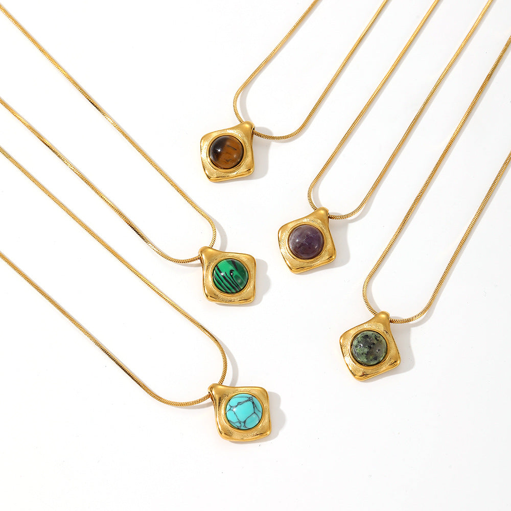 French Retro Style Tiger Eye Turquoise Natural Stone Pendant Necklace Stainless Steel 18K Gold Plated Clavicle Chain
