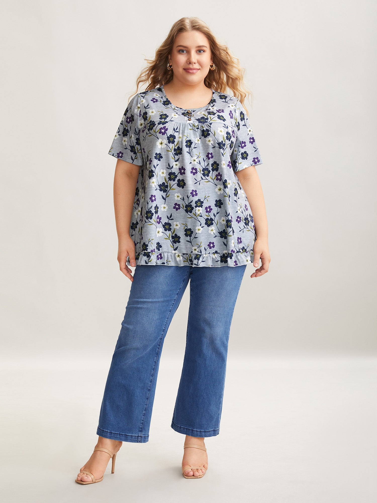 Floral Print Frill Trim Knit Top