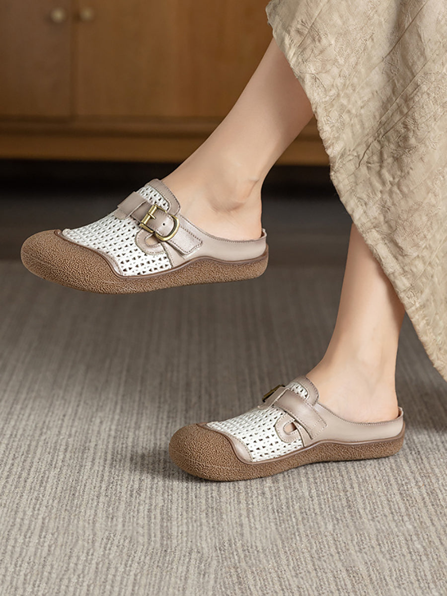 Women Summer Colorblock Leather Flat Slippers