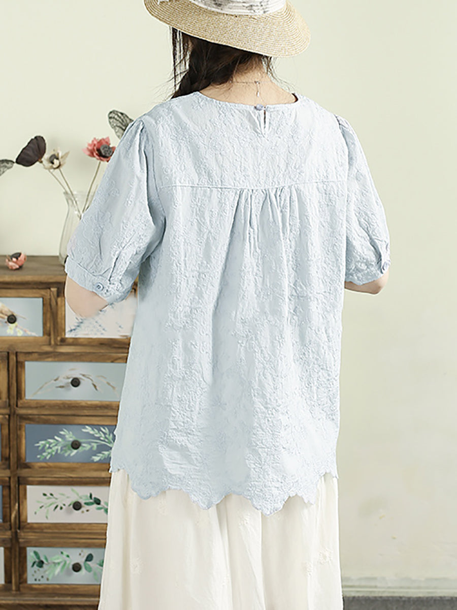 Women Summer Embroidery Wave Hem 100%Cotton Shirt