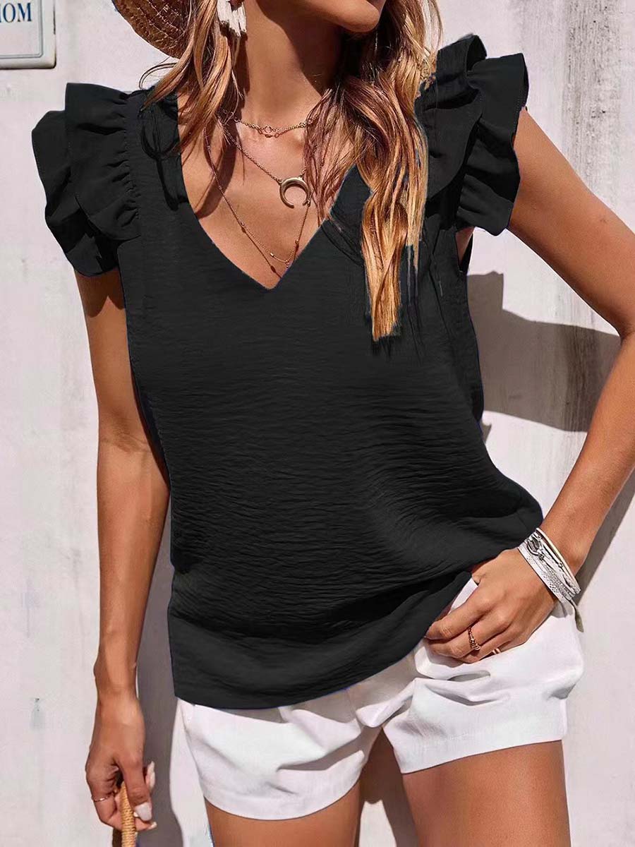 Casual V-Neck Ruffle Sleeveless Shirt (5 Colors)