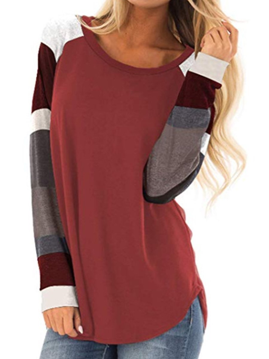 Round Neck Patchwork Stripes Long Sleeve T-Shirts