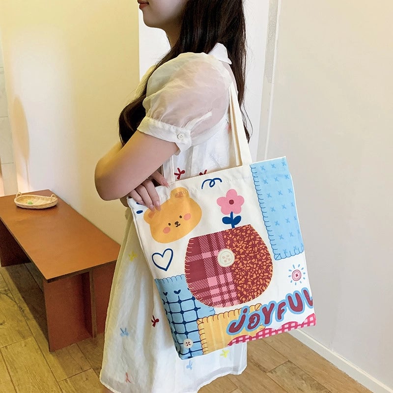 Women's Medium Canvas Cartoon Cute Square Zipper Shoulder Bag