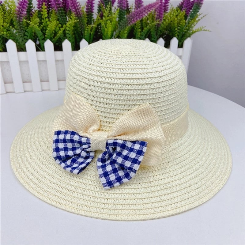 Summer Plaid Bow Straw Fisherman Hat Shade Travel Straw Hat